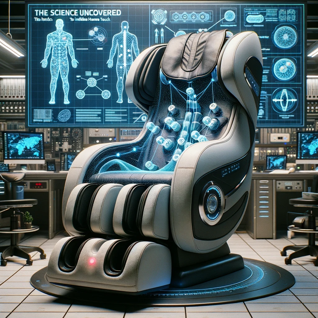 Massage chair in a lab with a blueprint-style reveal of its mechanisms.